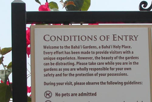 Bahai Gardens sign