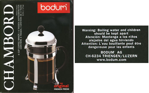 Bodum coffee press warning notice