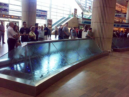 The water barrier at the Ben Gurion International Airport arrivals hall